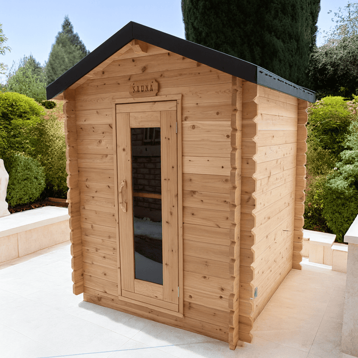 Leisurecraft outdoor home sauna made of natural wood with a sleek design for a relaxing experience