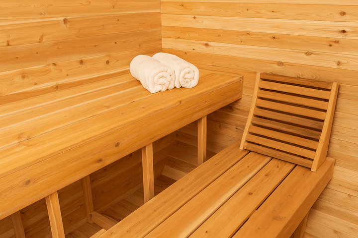 Elegant interior of Leisurecraft outdoor luxury sauna with wooden benches and rolled towels