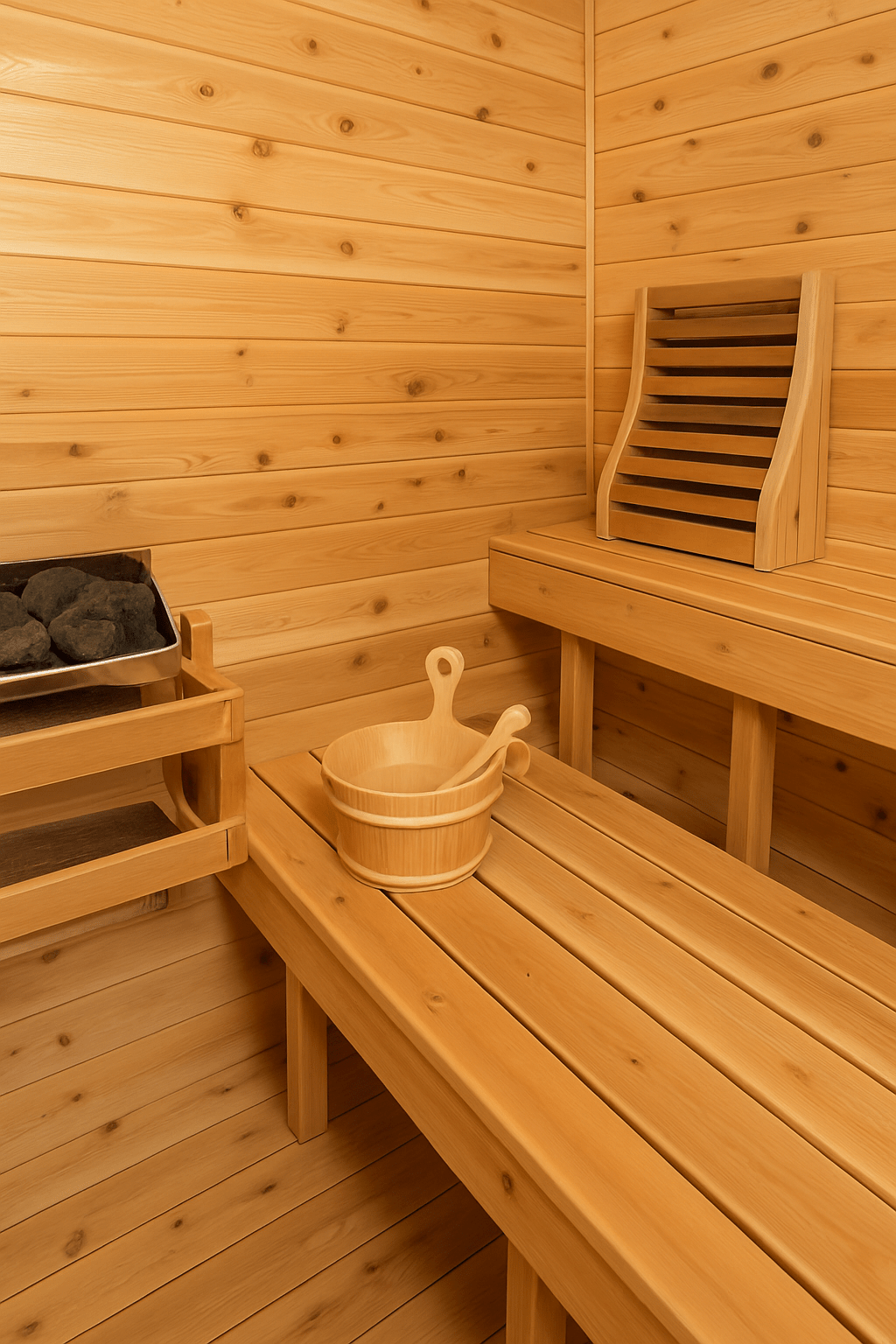 Interior of a Leisurecraft outdoor luxury sauna featuring wooden benches and a sauna stove