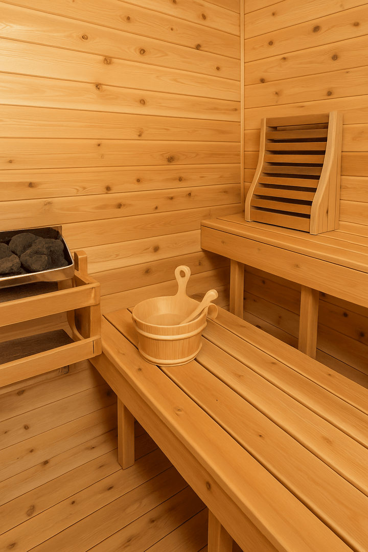 Interior of a Leisurecraft outdoor luxury sauna featuring wooden benches and a sauna stove