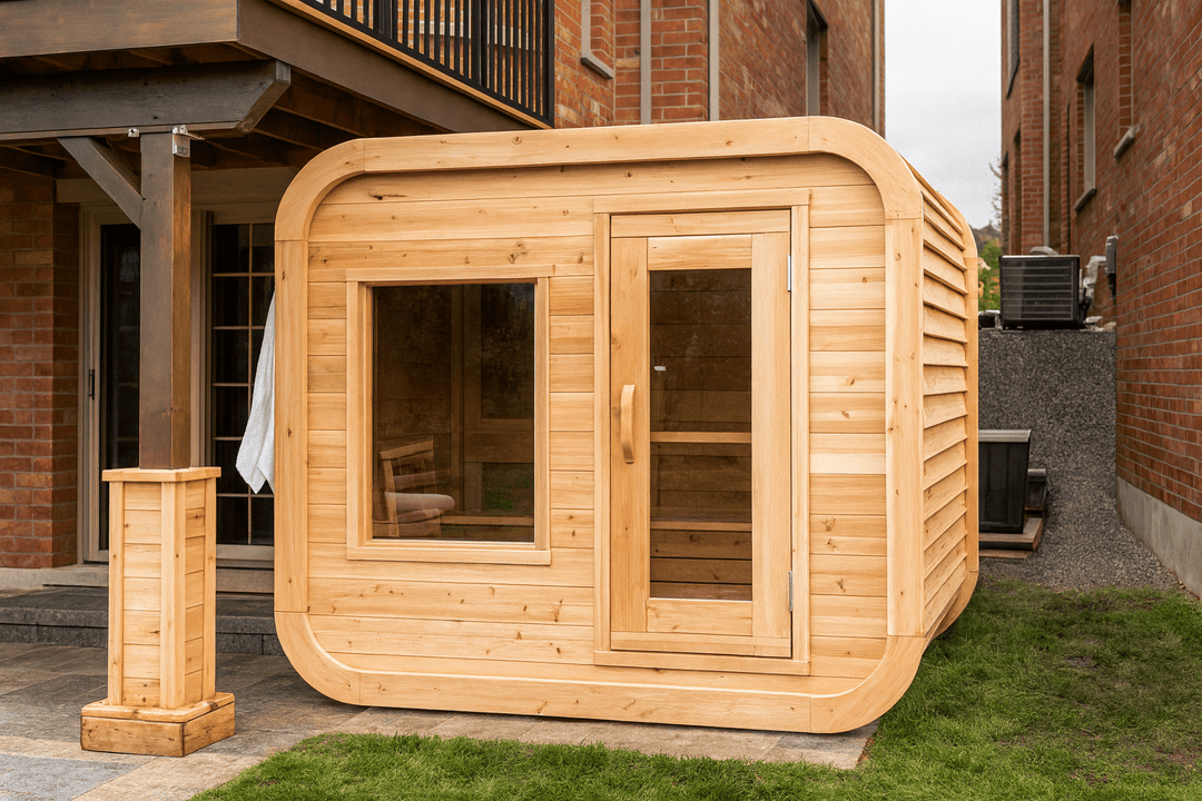 Leisurecraft outdoor luxury sauna made of natural wood with large windows for a stylish outdoor retreat
