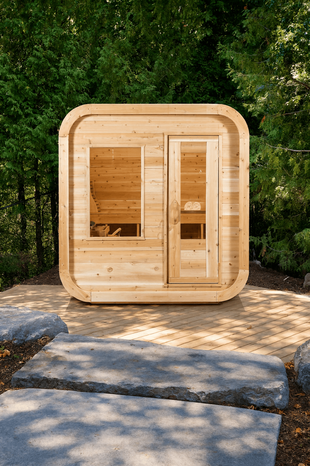 Leisurecraft outdoor luxury sauna made from natural wood with large windows for a spacious feel