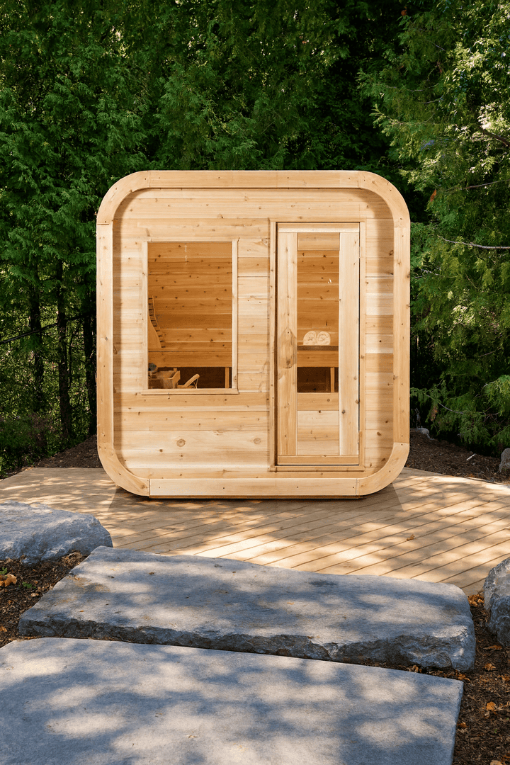 Leisurecraft outdoor luxury sauna made from natural wood with large windows for a spacious feel