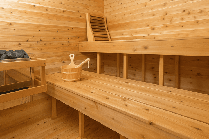 Leisurecraft outdoor luxury sauna interior featuring wooden benches and a steam bucket