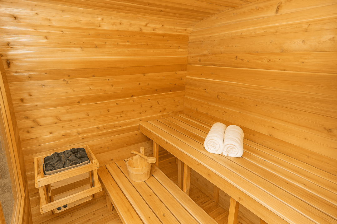 Interior of a Leisurecraft outdoor luxury sauna with wooden benches and towels