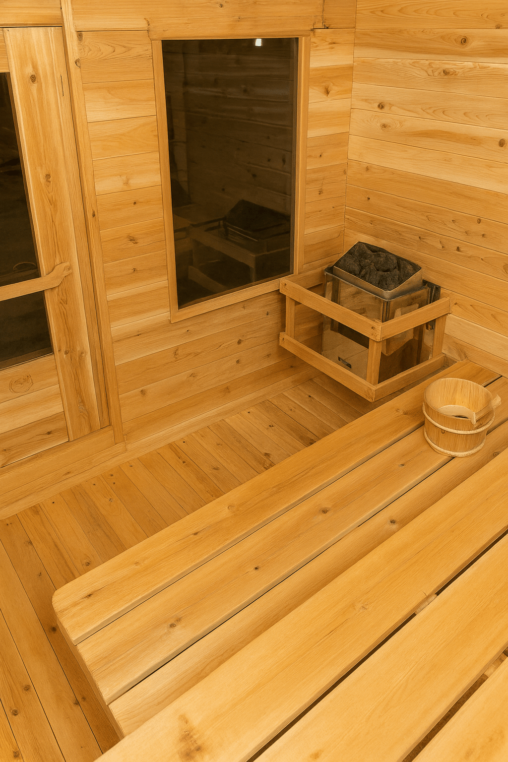 Inside view of a Leisurecraft outdoor luxury sauna featuring wooden benches and a stone heater