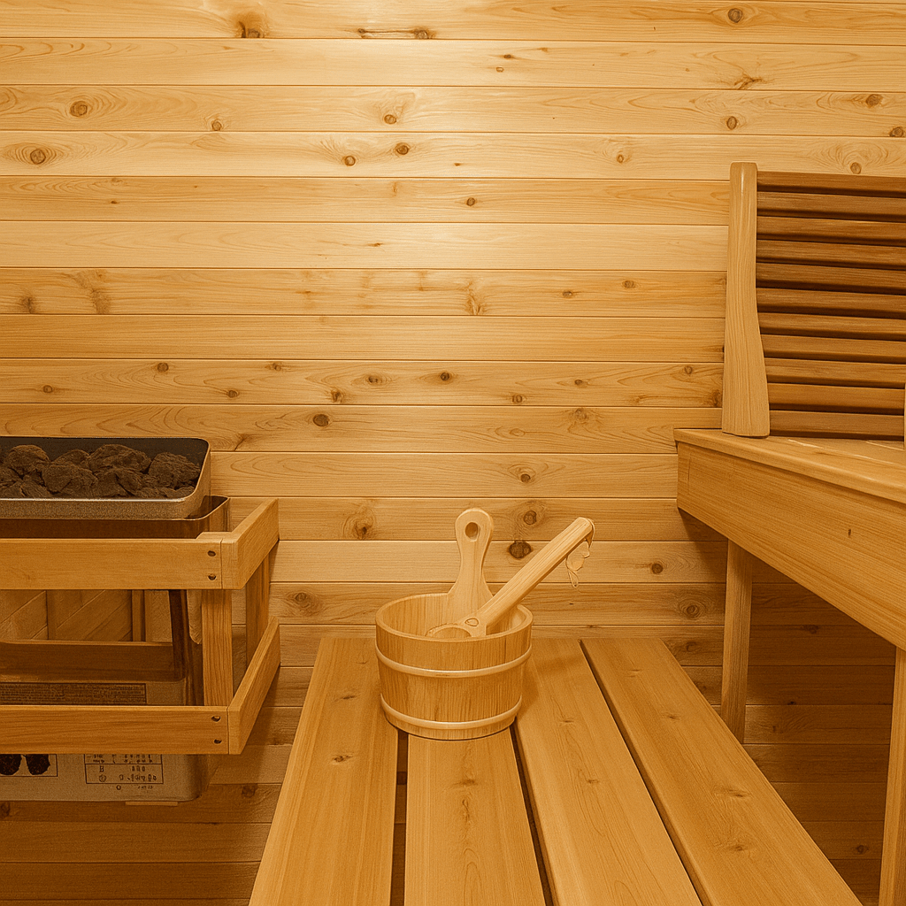 Leisurecraft outdoor luxury sauna interior with wooden benches and a bucket for an authentic spa experience