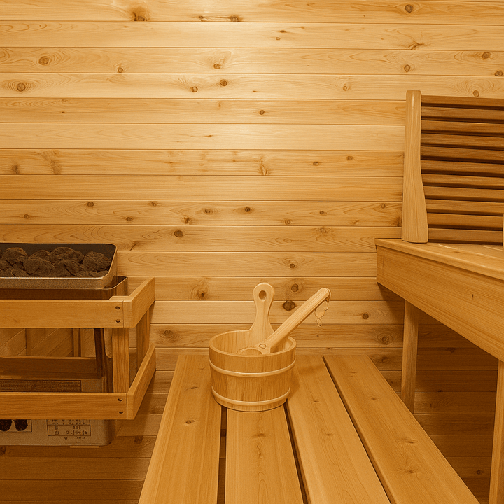 Leisurecraft outdoor luxury sauna interior with wooden benches and a bucket for an authentic spa experience