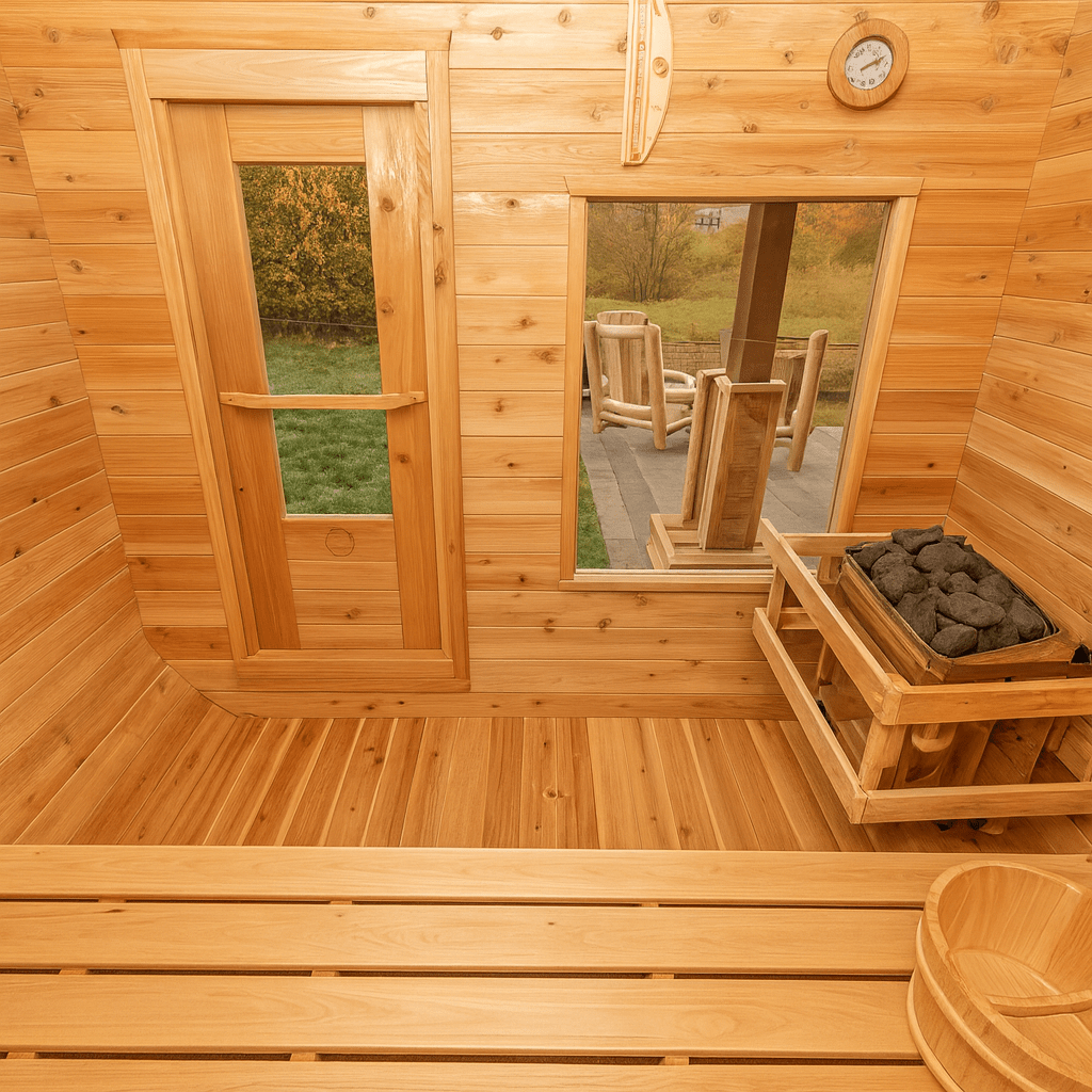 Cozy interior of a Leisurecraft outdoor luxury sauna featuring wooden benches and a stone heater