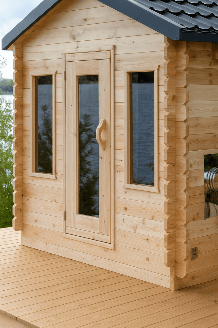 Leisurecraft outdoor luxury sauna with large windows and wooden design, perfect for relaxation