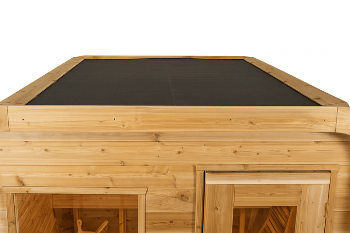 Top view of a Leisurecraft outdoor luxury sauna featuring a sleek wooden design and sturdy roof