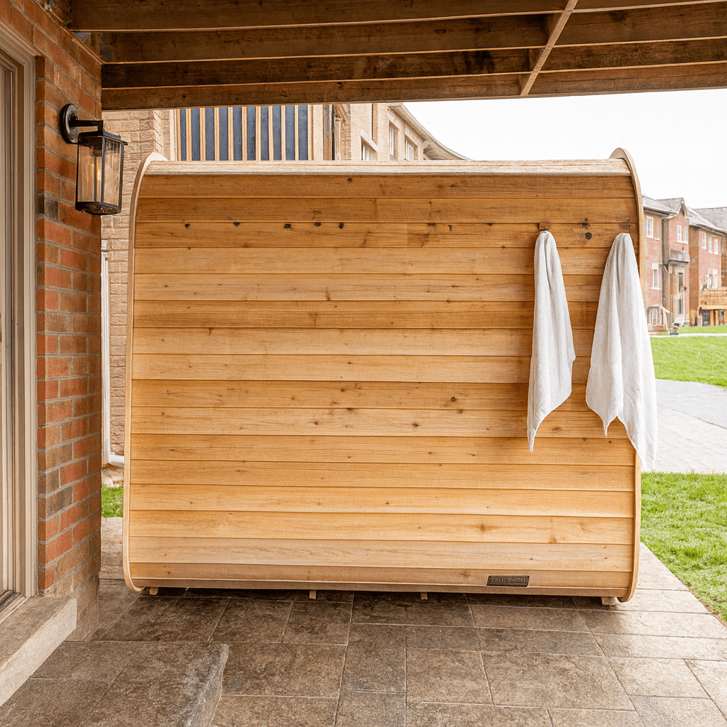 Leisurecraft outdoor luxury sauna made of natural wood with towels hanging for an inviting spa experience