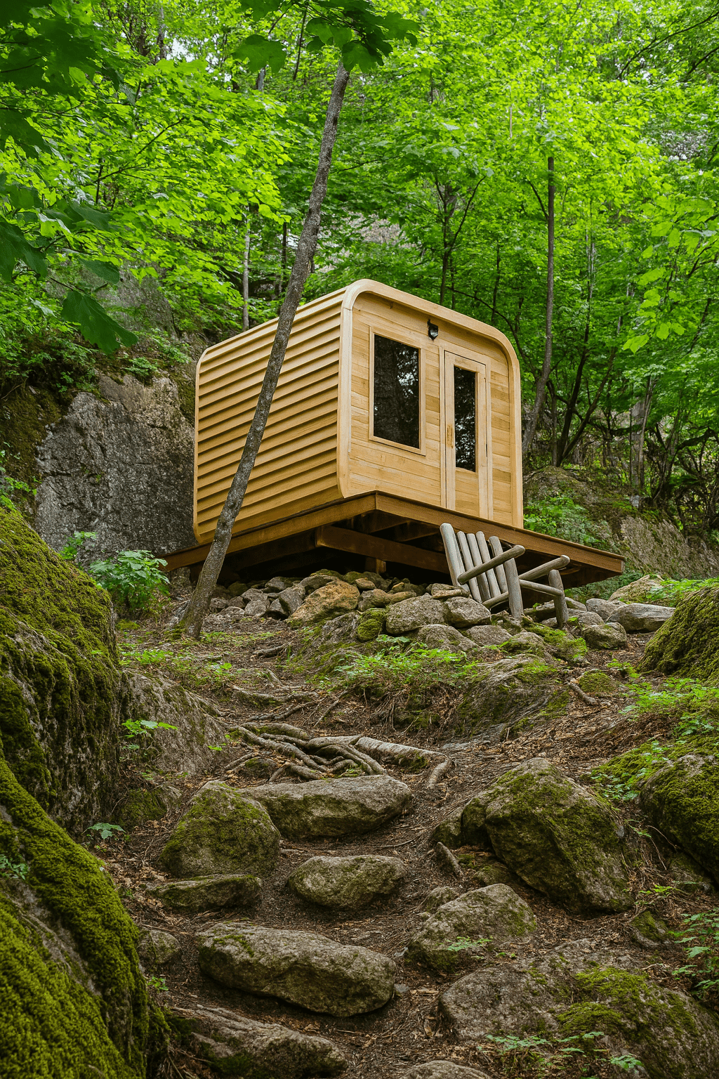 Leisurecraft outdoor luxury sauna nestled among trees with wooden seating and stone path for an inviting retreat