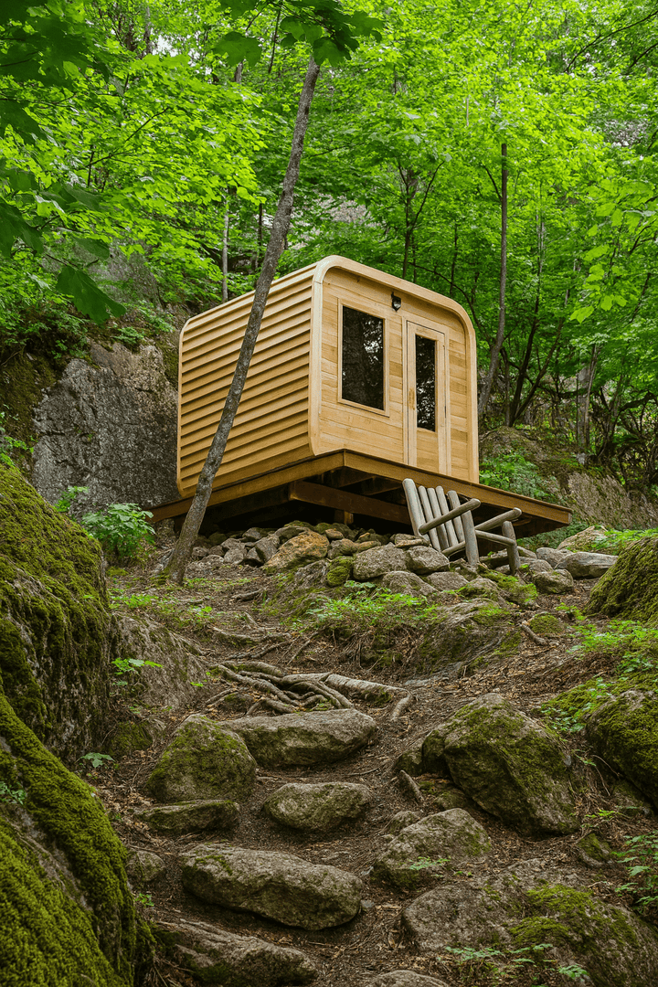 Leisurecraft outdoor luxury sauna nestled among trees with wooden seating and stone path for an inviting retreat