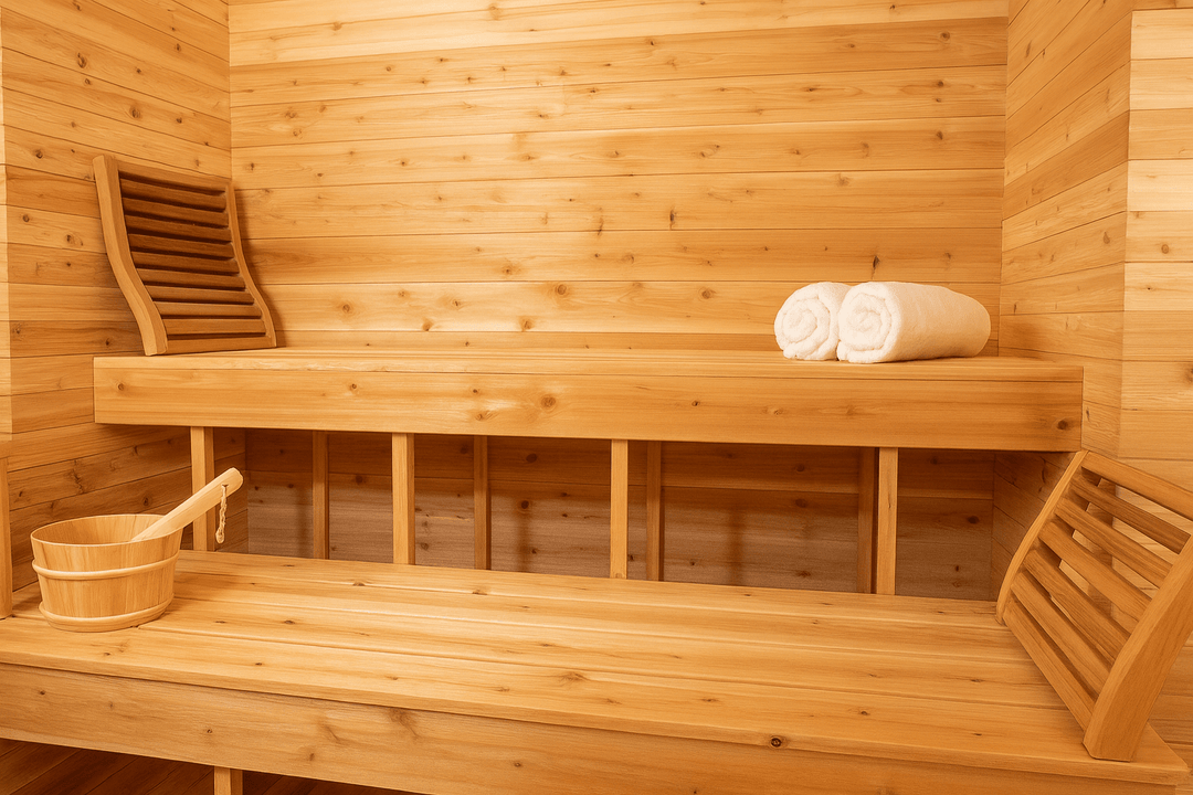 Luxurious interior of a Leisurecraft outdoor luxury sauna with wooden benches and towels