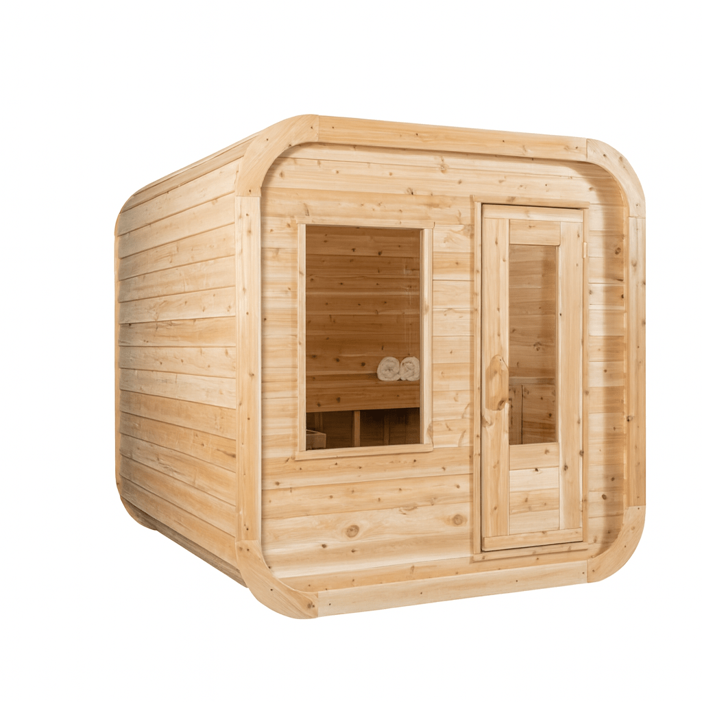 Leisurecraft outdoor luxury sauna in natural wood with large window and door for relaxation