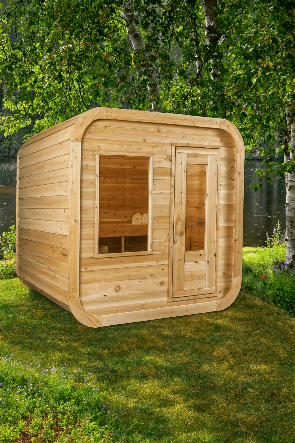 Leisurecraft outdoor luxury sauna made of natural wood, featuring large windows and a modern design in a scenic setting