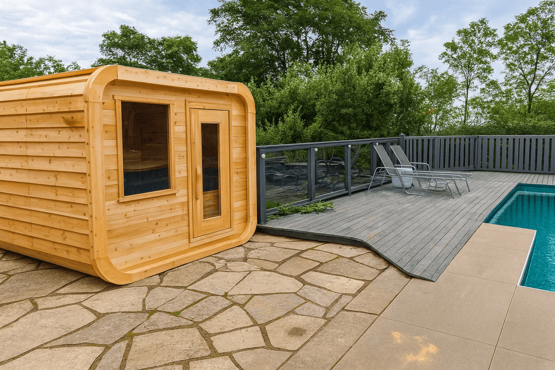 Leisurecraft outdoor luxury sauna made of wood, situated near a pool and patio for relaxation