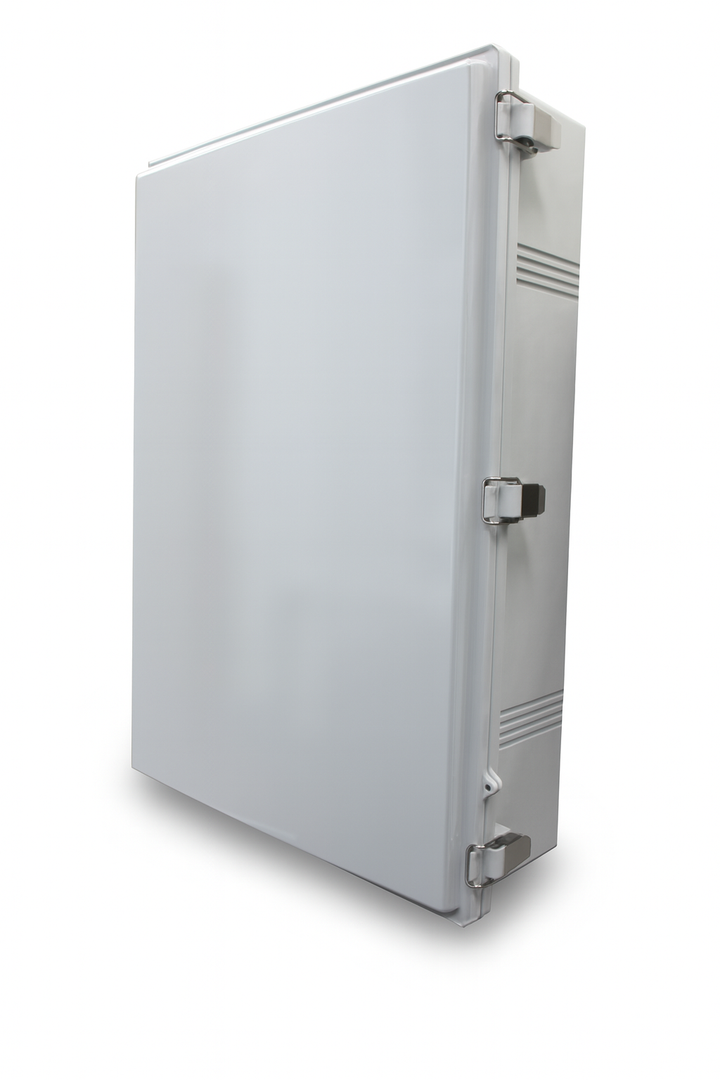 SaunaLife weatherproof electrical enclosure for sauna with secure metal latches and durable white finish