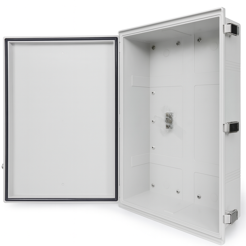 SaunaLife weatherproof electrical enclosure for sauna with hinged door and secure locking latches