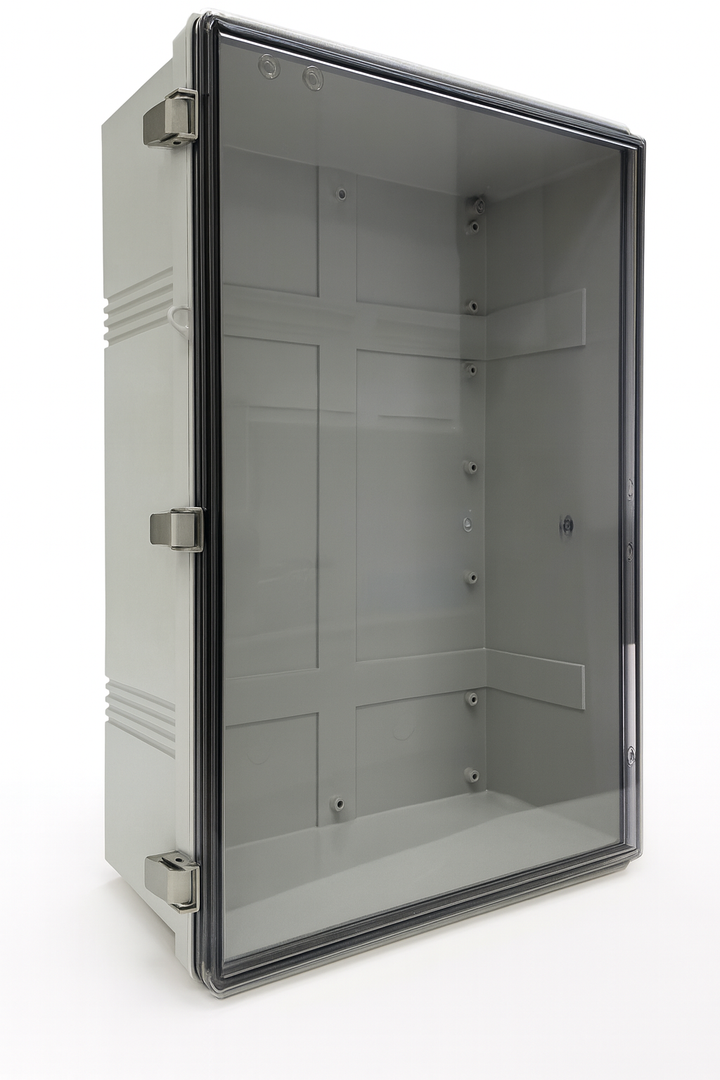 SaunaLife weatherproof electrical enclosure for sauna with clear protective cover and secure locking mechanism
