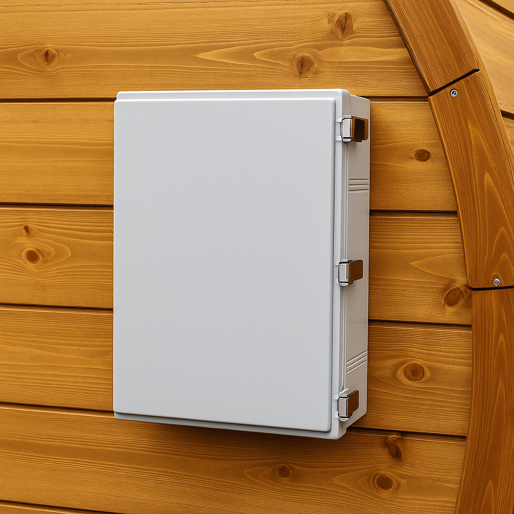 Weatherproof electrical enclosure for sauna mounted on a wooden sauna wall