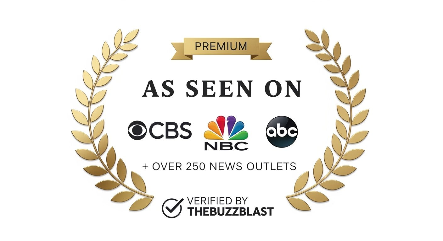 Gold laurel wreath framing the text ‘Premium – As Seen On CBS, NBC, ABC + Over 250 News Outlets,’ with verification badge reading ‘Verified by TheBuzzBlast’ beneath the network logos.