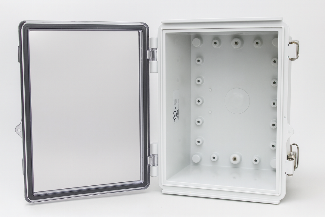 SaunaLife sauna control panel enclosure accessory with clear hinged cover and durable white casing