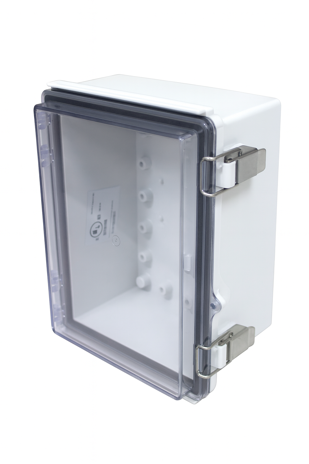 SaunaLife sauna control panel enclosure with clear hinged door and metal latches for secure protection