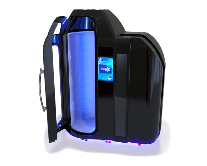 Vacuactivus whole-body cryotherapy chamber with sleek design and illuminated interior for effective cold therapy