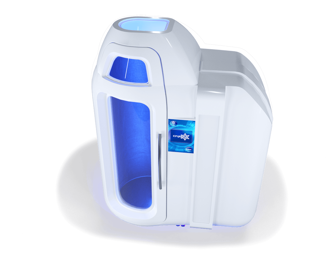 Vacuactivus whole-body cryotherapy chamber with modern design and blue ambient lighting