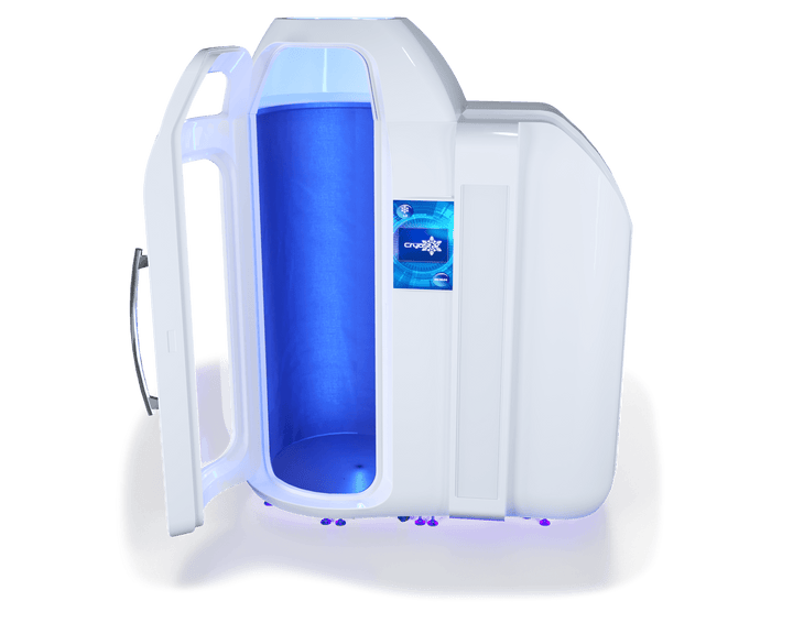 Vacuactivus whole-body cryotherapy chamber with an open door and glowing interior for cold therapy treatments