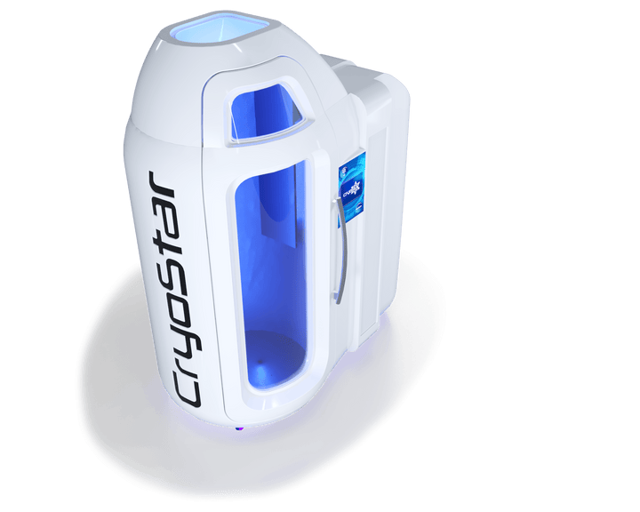 Vacuactivus whole-body cryotherapy chamber with sleek design and glowing blue interior for ultimate recovery