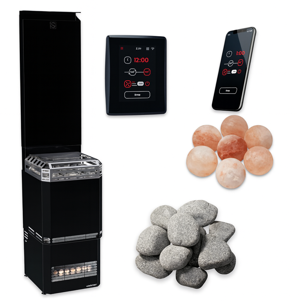 Saunum WiFi sauna heater package including heater, control panel, app, and sauna stones