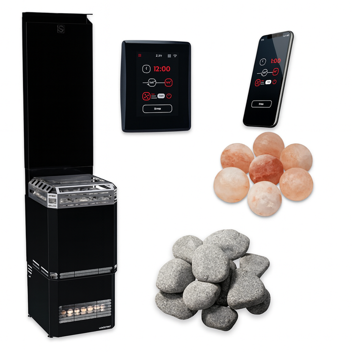 Saunum WiFi sauna heater package including heater, control panel, app, and sauna stones