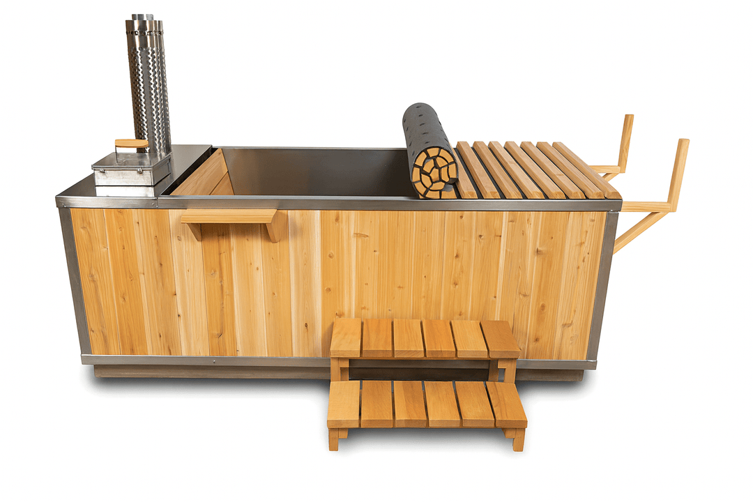 Leisurecraft wood burning hot tub with wooden exterior and integrated wood storage for a natural look
