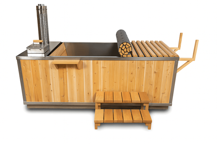 Leisurecraft wood burning hot tub with wooden exterior and integrated wood storage for a natural look
