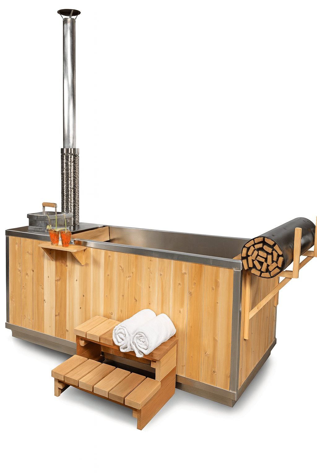 Leisurecraft wood burning hot tub with stainless steel interior and wooden exterior for outdoor relaxation