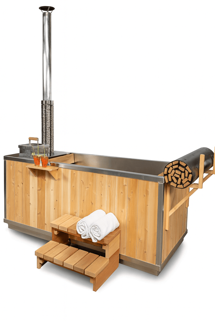 Leisurecraft wood burning hot tub with stainless steel interior and wooden exterior for outdoor relaxation