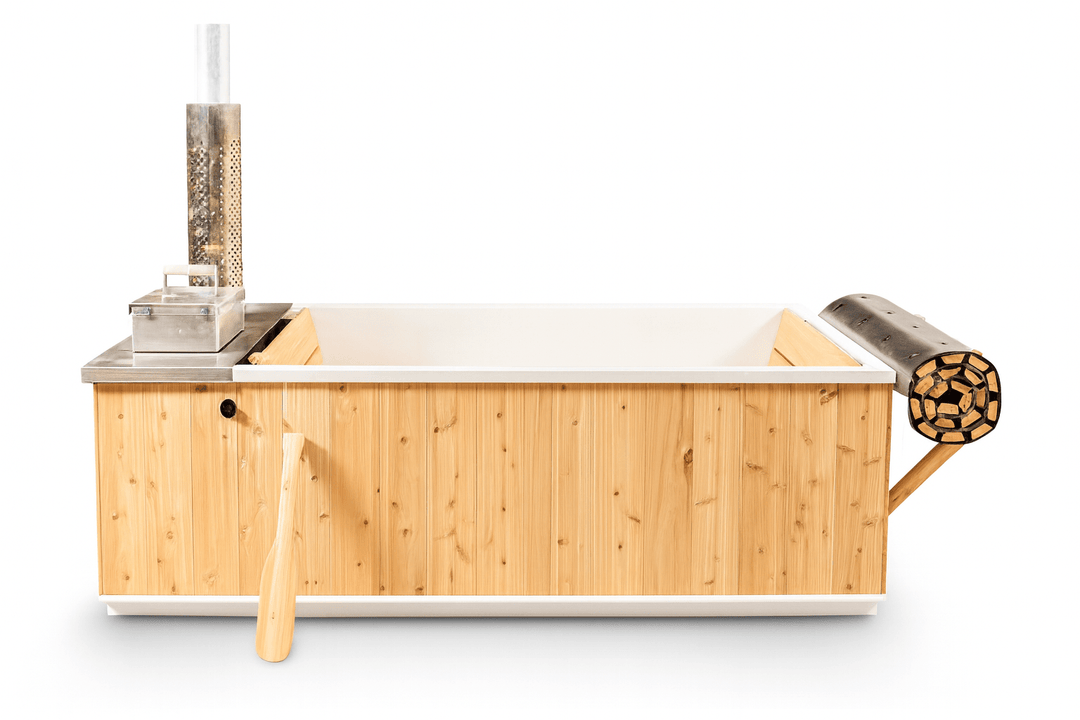 Leisurecraft wood burning hot tub made of natural wood with a steel stove for outdoor relaxation
