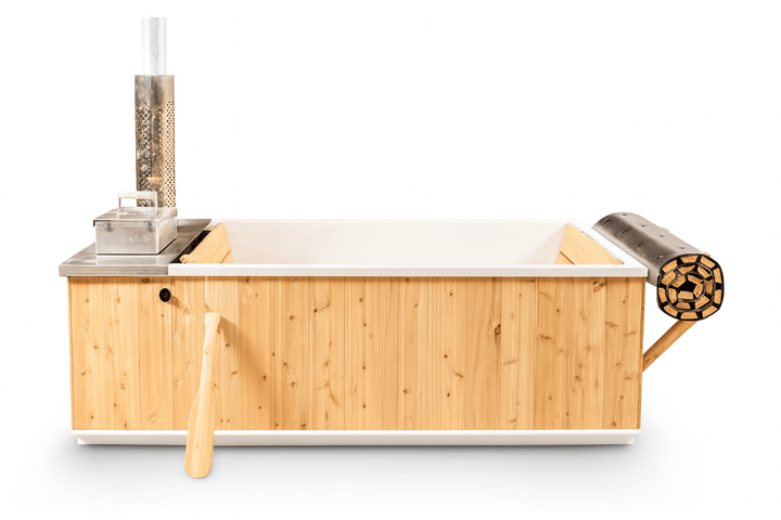 Leisurecraft wood burning hot tub made of natural wood with a steel stove for outdoor relaxation