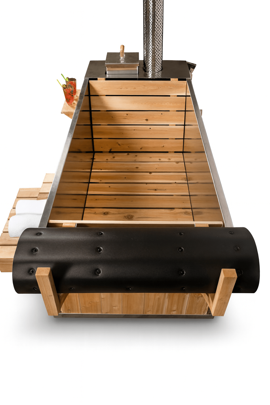 Leisurecraft wood burning hot tub with wooden interior and sleek metal accents for ultimate relaxation