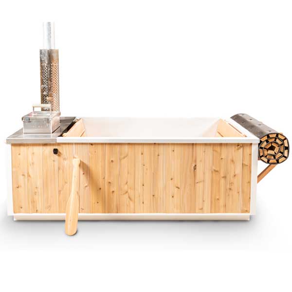 Leisurecraft wood burning hot tub with wooden exterior and metal chimney for outdoor relaxation