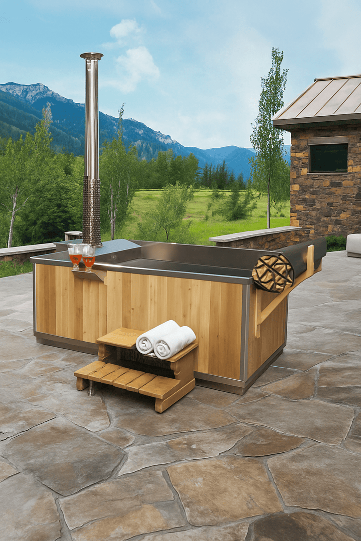 Leisurecraft wood burning hot tub with wooden exterior and chimney in a scenic outdoor setting