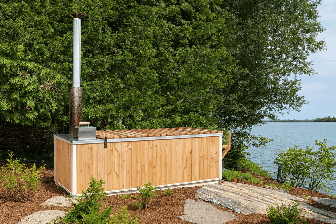 Leisurecraft wood burning hot tub with wooden exterior and chimney near a serene lakeside setting