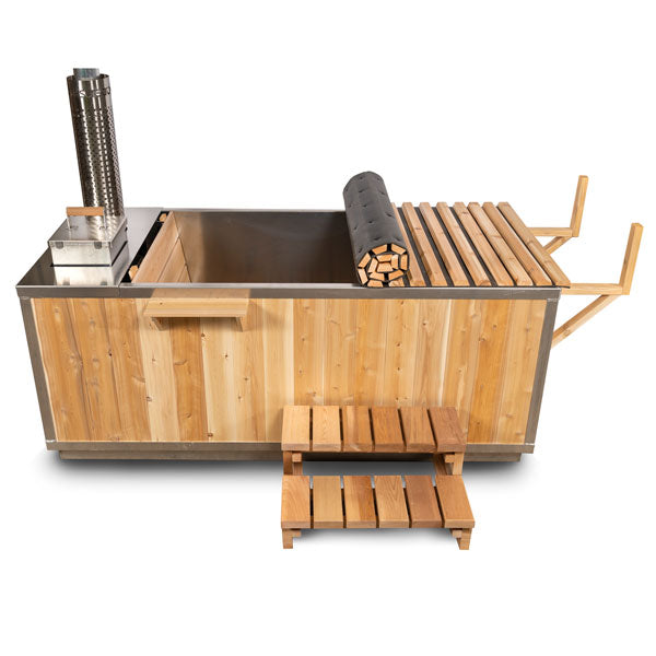 Leisurecraft wood burning hot tub with wooden exterior and metal stove for outdoor relaxation