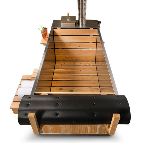 Leisurecraft wood burning hot tub with wooden interior and black metal exterior for outdoor relaxation