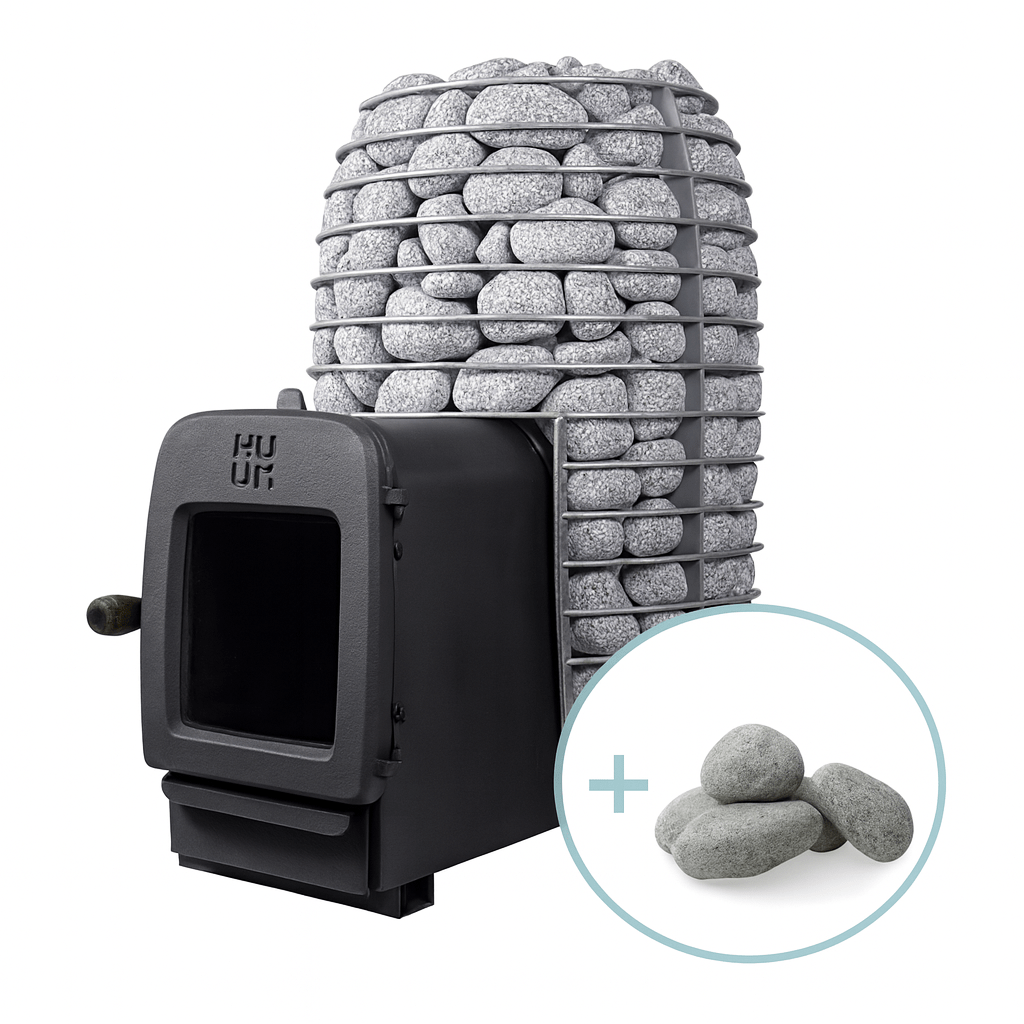 HUUM wood burning sauna stove with stacked stones for efficient heating and a relaxing sauna experience