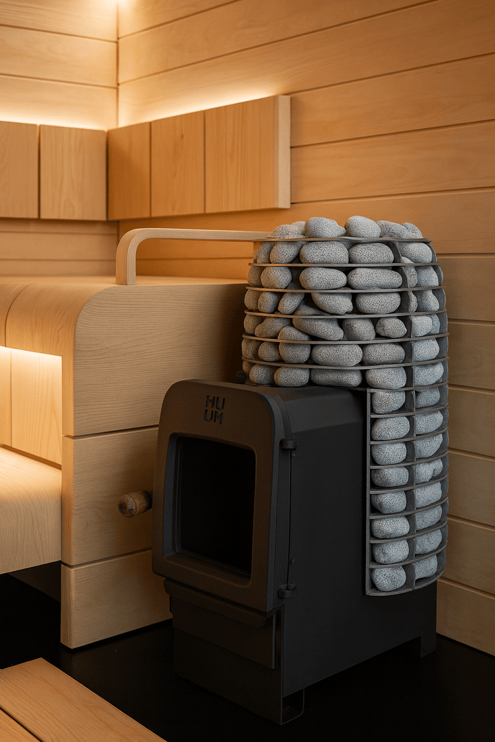 HUUM wood burning sauna stove with stacked stones in modern sauna interior