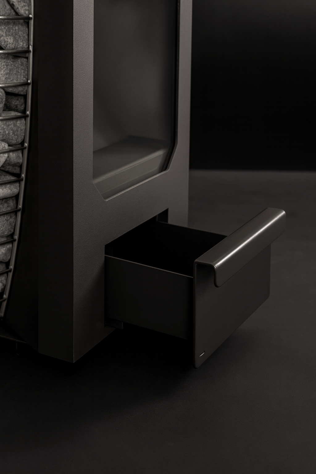 HUUM wood burning sauna stove with a sleek design and a storage drawer for convenience